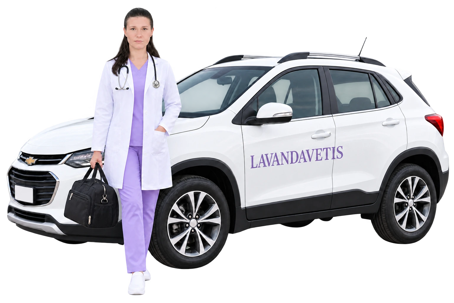 Ветеринар службы LAVANDAVETIS рядом с автомобилем выездной помощи